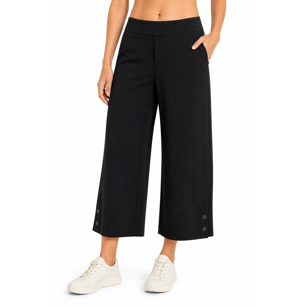 Athleta Womens 10 Black Wide Leg Cropped Pants Zip Snap Button Hem Detail